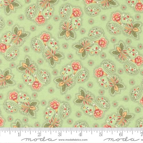 Pink, yellow, and green floral clusters - some larger with leaves and springs, others are smaller with the flower only. Shading on all flowers. Print is on a light green background. Fabric