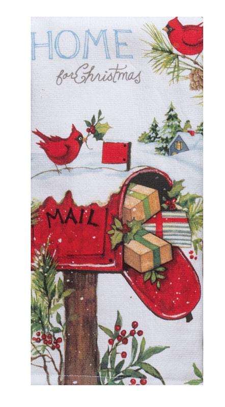 Bright red cardinals on a mailbox filled with packages on a white background. "Home for Christmas" written on the top part of the design. Terry towel