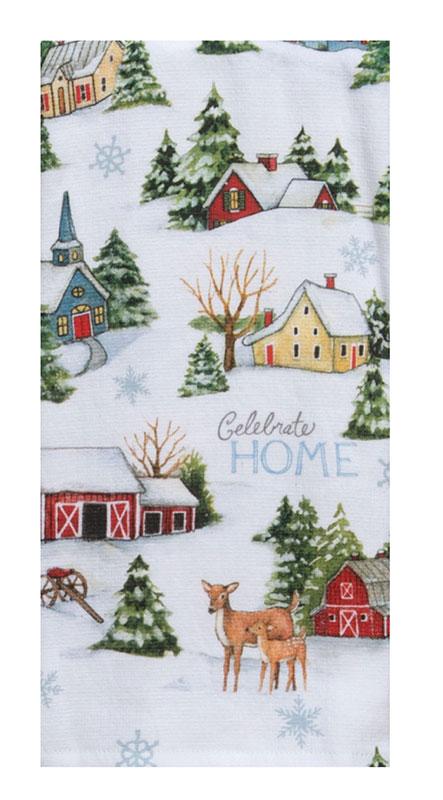 A terry towel with a Christmas scene of a village tucked away in the snow accented with snowflakes, snow-covered pines, and a doe and her fawn. The words "Celebrate Home" are written in the center of the towel.