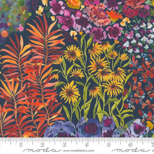 Floribunda by Laura Muir of Create Joy Project for Moda. Midnight - Bright Jewel Toned Florals and Leaves on a Midnight Blue Background.