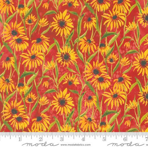 Floribunda by Laura Muir of Create Joy Project for Moda. Spice - Sunflower Print on Red Orange Mottled Background.