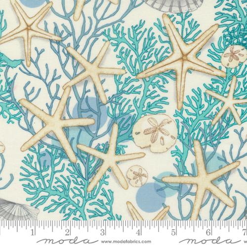 Serena Shores by Robin Pickens for Moda. Cloud - Sea Shells, Starfish, and Corals in Creams, Blues, and Teals on a Cream Background.