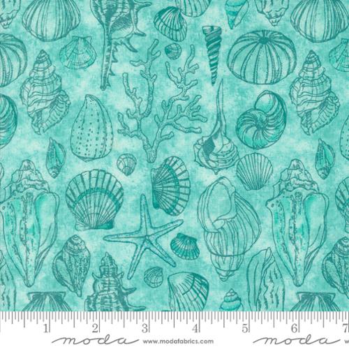 Serena Shores by Robin Pickens for Moda. Aqua - Dark Teal Outlines of Various Seashells on a Mottled Lighter Teal Background.