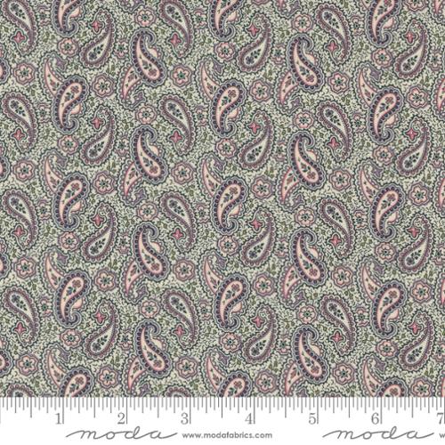 Goodnight Irene by Betsy Chutchian for Moda. Grape - Traditional Arthur's Tie Paisley in Cream, Pink and Purple with Green Vining on a Light Green Background.