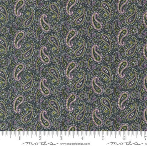 Goodnight Irene by Betsy Chutchian for Moda. Graphite - Traditional Arthur's Tie Paisley in Purples and Greens with Green Vining on a Dark Blueish Green Background.