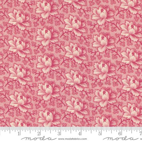 Goodnight Irene by Betsy Chutchian for Moda. Carnation - Pink and Cream Repeating Tea Roses with Dark Pink Vining and Leaves on a Mottled Light Pink Background.