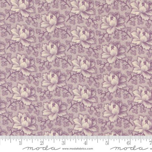 Goodnight Irene by Betsy Chutchian for Moda. Jam - Purple and Cream Repeating Tea Roses with Dark Purple Vining and Leaves on a Mottled Light Lavender Background.