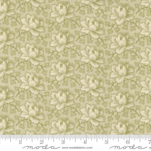 Goodnight Irene by Betsy Chutchian for Moda. Sage - Light Green and Cream Repeating Tea Roses with Dark Sage Green Vining and Leaves on a Mottled Light Green Background.