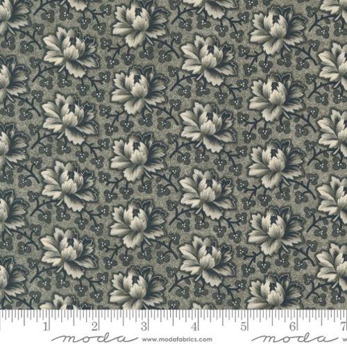 Goodnight Irene by Betsy Chutchian for Moda. Graphite - Dark Green and Cream Repeating Tea Roses with Dark Slate Green Vining and Leaves on a Mottled Medium Ivy Green Background.