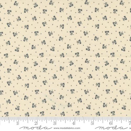 Goodnight Irene by Betsy Chutchian for Moda. Sweet Cream Graphite - Slate Dots and Blue Floral Sprigs on Cream Background. Classic Shirting