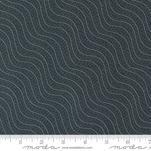 Goodnight Irene by Betsy Chutchian for Moda. Graphite - White Wavy Stripes and Dashes on a Slate Black Background.