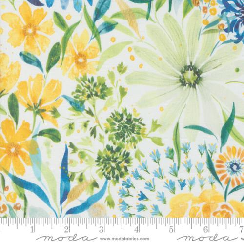 Sunshine and Blue Skies by Create Joy Project for Moda. Cloud - Blue, Green, and Yellow Wildflowers on a Watercolor-esque White Background.