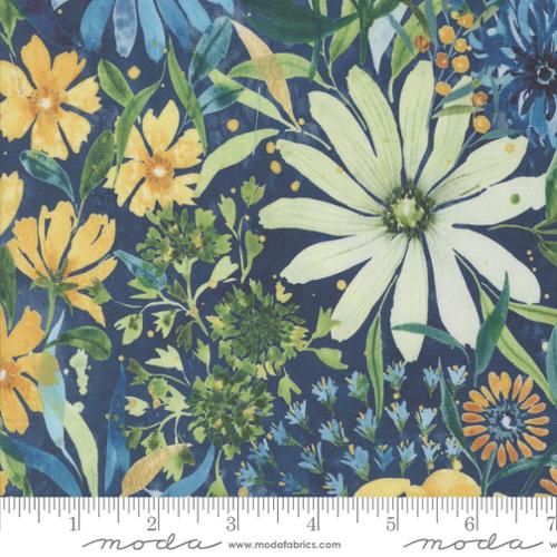 Sunshine and Blue Skies by Create Joy Project for Moda. Lake - Blue, Green, and Yellow Wildflowers on a Watercolor-esque Dark Blue Background.