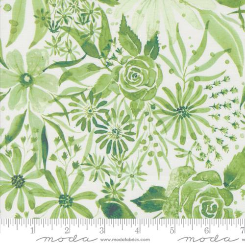 Sunshine and Blue Skies by Create Joy Project for Moda. Grass- Green Watercolor-esque Flowers on a White Background.