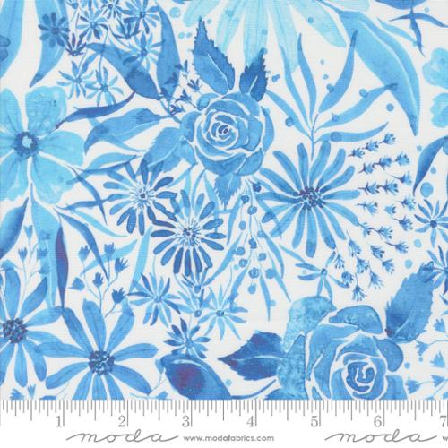 Sunshine and Blue Skies by Create Joy Project for Moda. Water- Blue Watercolor-esque Flowers on a White Background.