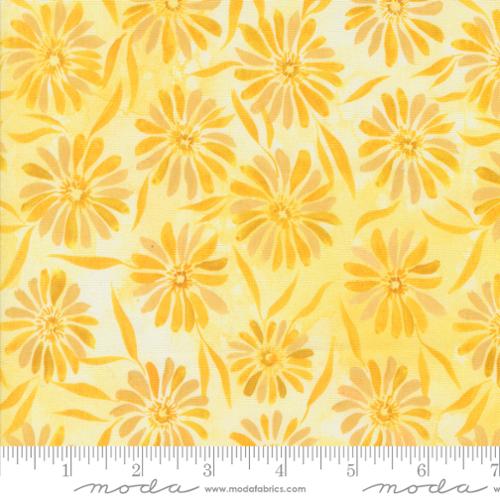 Sunshine and Blue Skies by Create Joy Project for Moda. Sunshine - Yellow Daisies and Leaves on a Watercolor-esque Yellow Background.