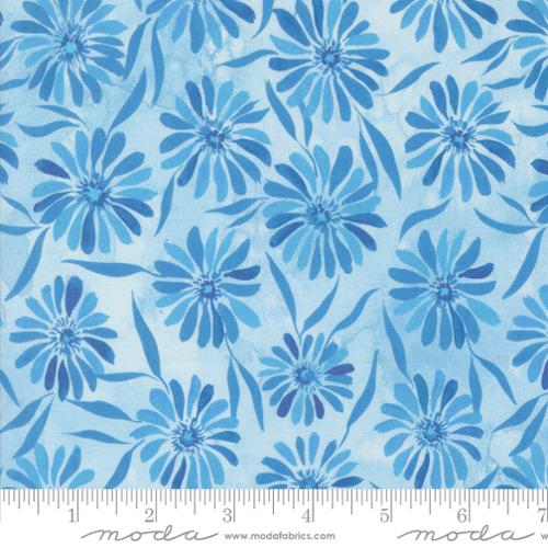 Sunshine and Blue Skies by Create Joy Project for Moda. Sky Blue - Blue Daisies and Leaves on a Watercolor-esque Blue Background.