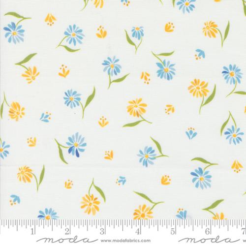 Sunshine and Blue Skies by Create Joy Project for Moda. Cloud - Small Blue and Yellow Daisies with Green Leaves on a White Background.