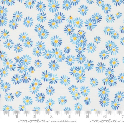 Sunshine and Blue Skies by Create Joy Project for Moda. Water - Small Blue Daisies on a White Background.