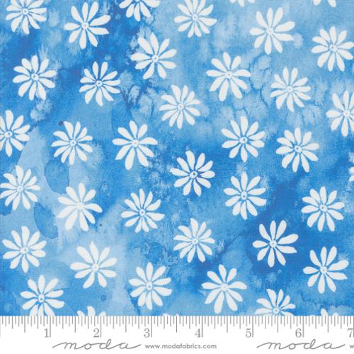 Sunshine and Blue Skies by Create Joy Project for Moda. Bluebell - White Daisies on a Watercolor Blue Background.