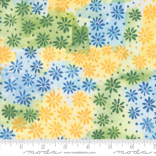 Sunshine and Blue Skies by Create Joy Project for Moda. Multi - Yellow, Green, and Blue Daisies and Dots in a Gathered Pattern on a White Background.