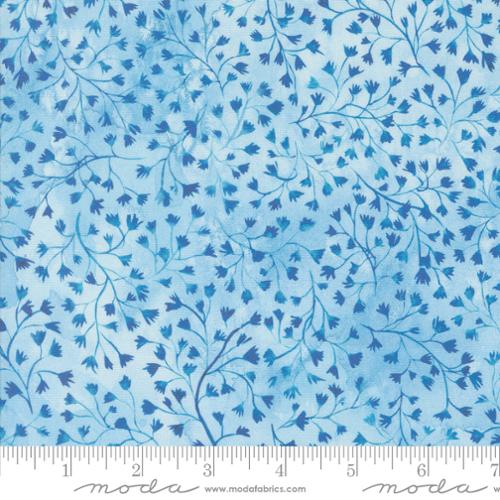 Sunshine and Blue Skies by Create Joy Project for Moda. Sky Blue - Dark Blue Vining and Leaves on a Lighter Blue Background.