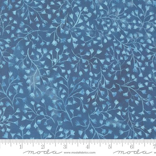 Sunshine and Blue Skies by Create Joy Project for Moda. Lake - Light Blue Vining and Leaves on a Darker Blue Background.