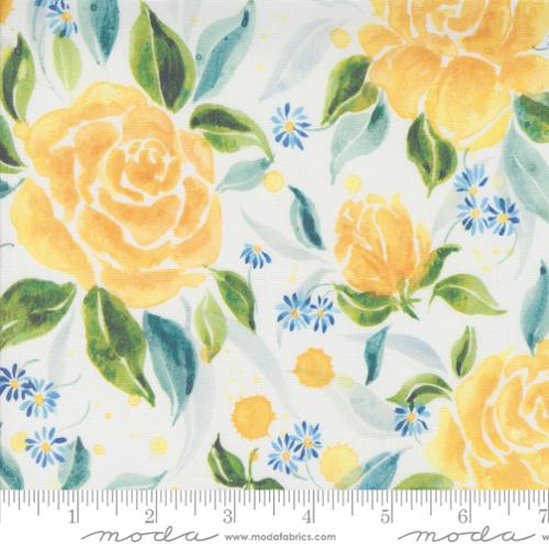 Sunshine and Blue Skies by Create Joy Project for Moda. Cloud - Large Yellow Roses and Green Leaves with Small Blue Daisies on a White Background.