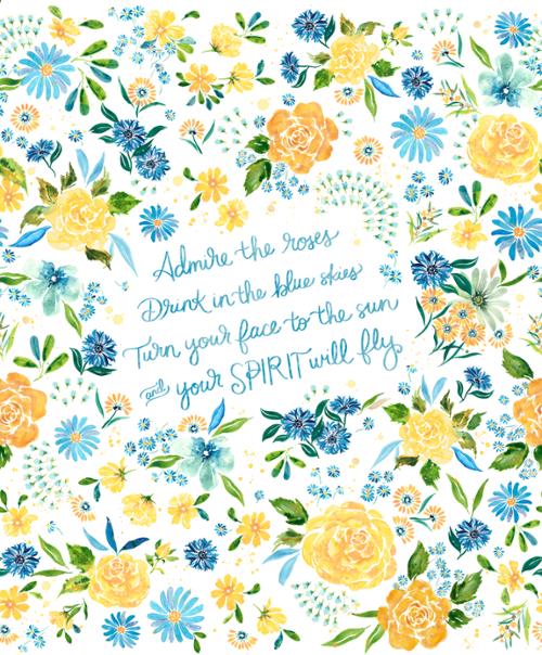 Sunshine and Blue Skies by Create Joy Project for Moda. Panel Cloud - 36 inch by 44 inch Panel with a Cursive Quote Surrounded by Blue and Yellow Flowers and Designs.