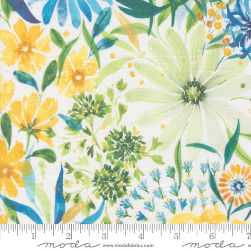 Sunshine and Blue Skies by Create Joy Project for Moda. Cloud Canvas - Blue, Green, and Yellow Wildflowers on a Watercolor-esque White Background. This is printed on a canvas material.