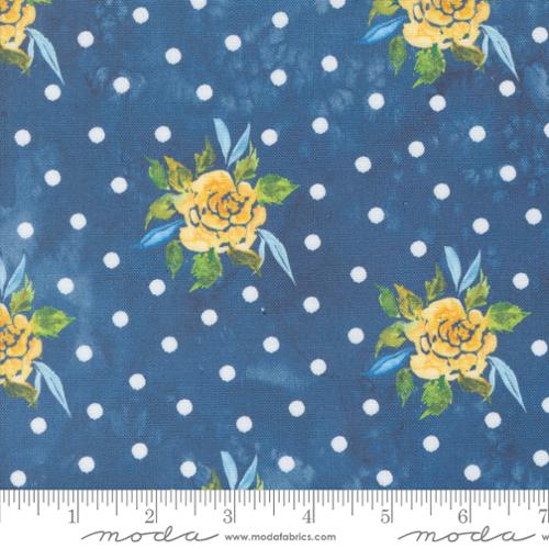 Sunshine and Blue Skies by Create Joy Project for Moda. Lake Canvas - Yellow Roses and White Dots on a Dark Watercolor Blue Background. This is printed on a canvas material.