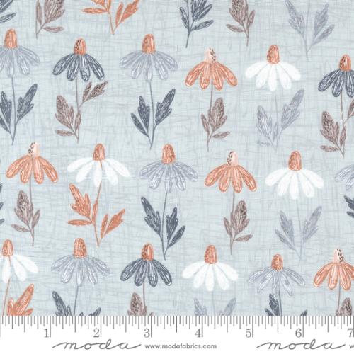 Daisy Field Sky - Blue, Orange, and White Sketched Daisies with Blue, Navy, and Dark Mauve Leaves on an Etched Light Blue Background.