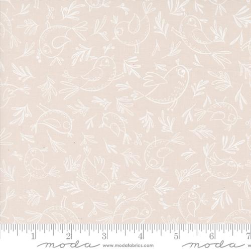 Chirp by Elena Amo for Moda. Trace A Bird Cloud - White Sketches of Cartoon Birds and Leaves on a Beige Background.