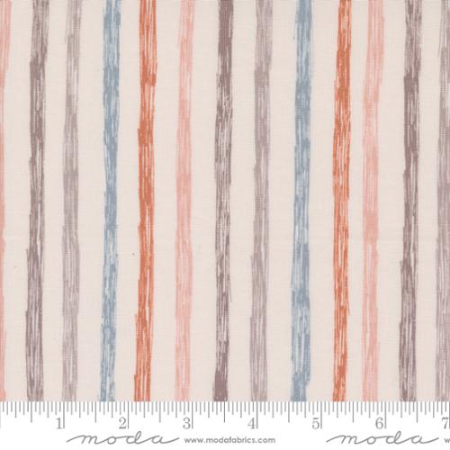 Chirp by Elena Amo for Moda. Just Stripes Cloud - Pale Brown, Rust, Pink, Blue, and Mauve Rough Stripes on a Creamy Background.