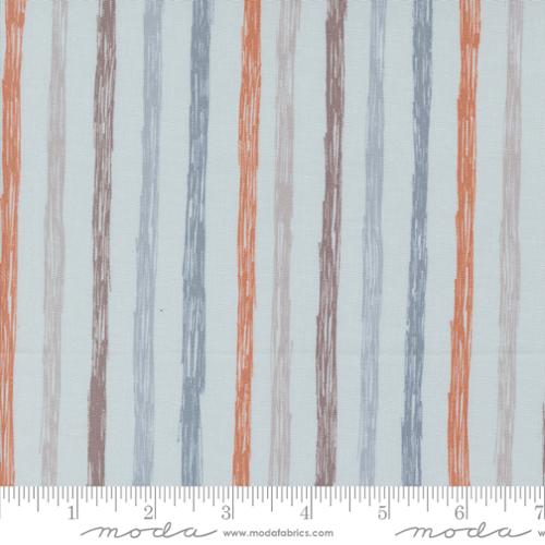 Chirp by Elena Amo for Moda. Just Stripes Sky - Pale Brown, Rust, Blue, and Mauve Rough Stripes on a Light Blue Background.