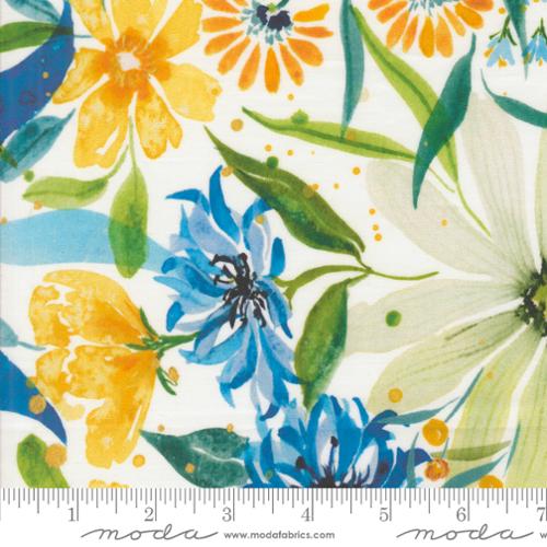 Sunshine and Blue Skies by Create Joy Project for Moda. Cloud 108" Wideback - Various Flowers done in Yellow, Green, and Blue on a White Background.