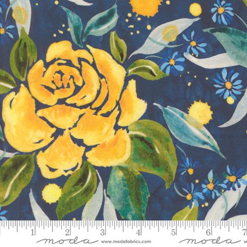 Sunshine and Blue Skies by Create Joy Project for Moda. Lake 108" Wideback - Yellow Roses and Small Blue Daises on a Watercolor-esque Dark Blue Background.