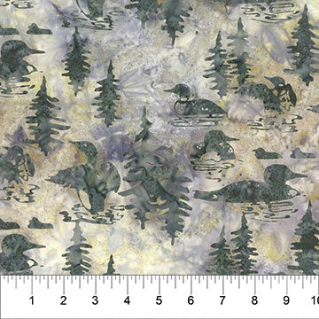 Scenic Settings by Banyan Batiks. Silver Lites - Ivy Green Loons and Trees on a Mottled Gray and Cream Batik Background.