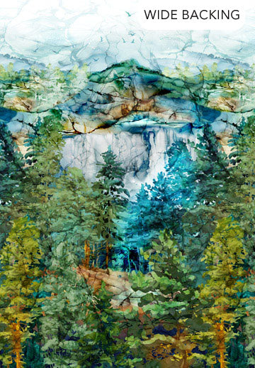 Cedarcrest Falls by Deborah Edwards and Melanie Samra for Northcott Fabrics. Teal Multi Waterfall Scene - An Outdoor Watercolor-esque Scene featuring a Forest and Majestic Waterfall in Blues, Greens, Grays, and Browns. Wideback 108" - Scene repeats approximately every 3/4 YD. 