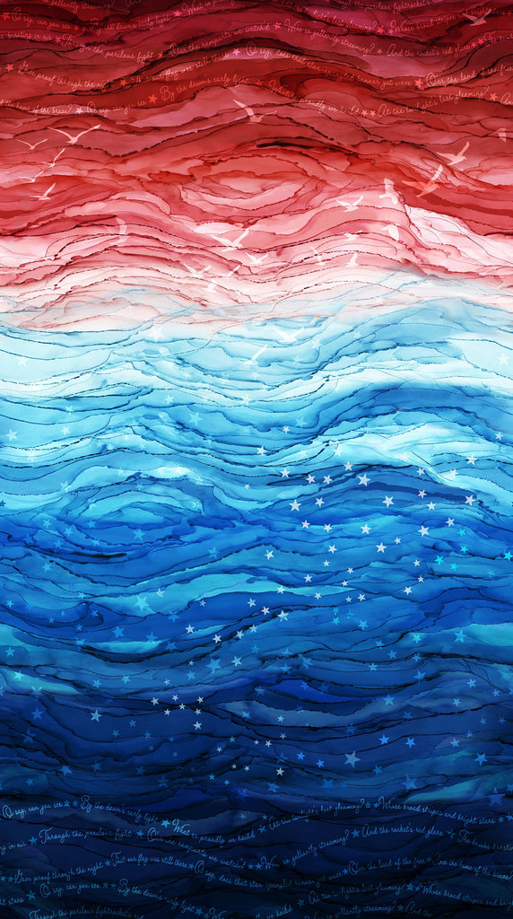 Red to Blue Ombre (Running Yardage) with stars and lyrics to Star-Spangled Banner. Fabric