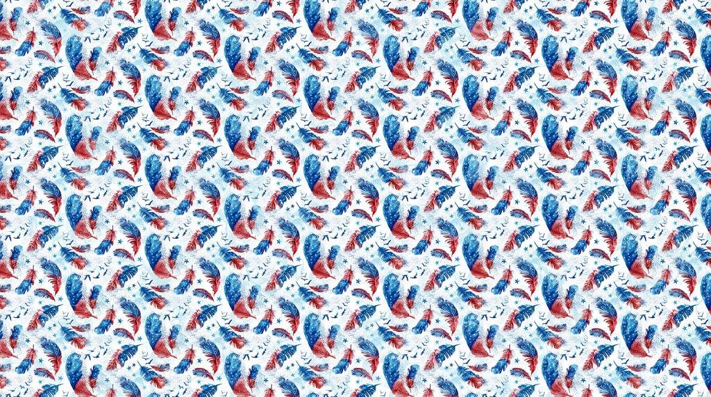 Red and Blue Feathers on a Light Washed Background with Small Eagle and Star Accents.  Fabric