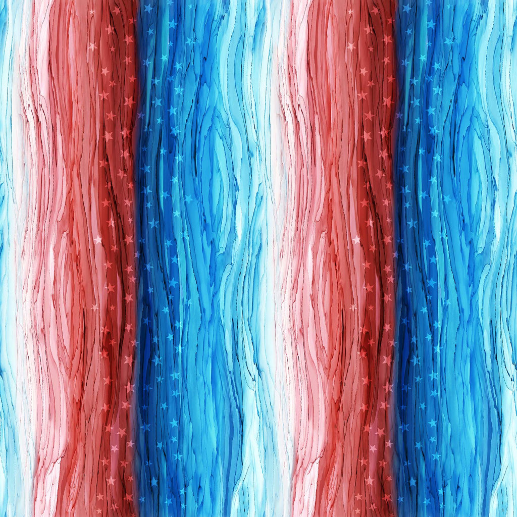 Repeating Red, White, and Blue Curvy Stripes with Star Accents. Fabric