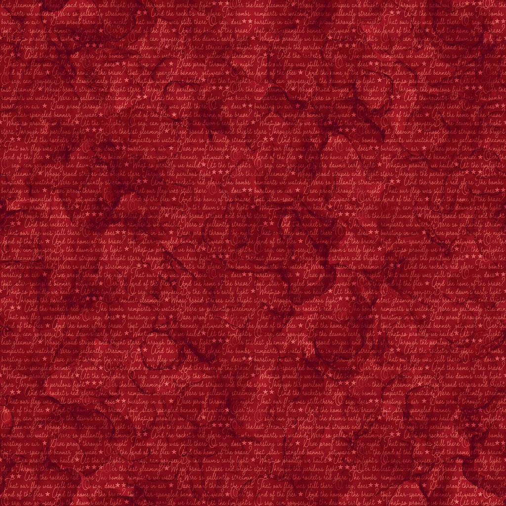Cursive Lettering of the Star Spangled Banner on Red, Mottled Background. Fabric