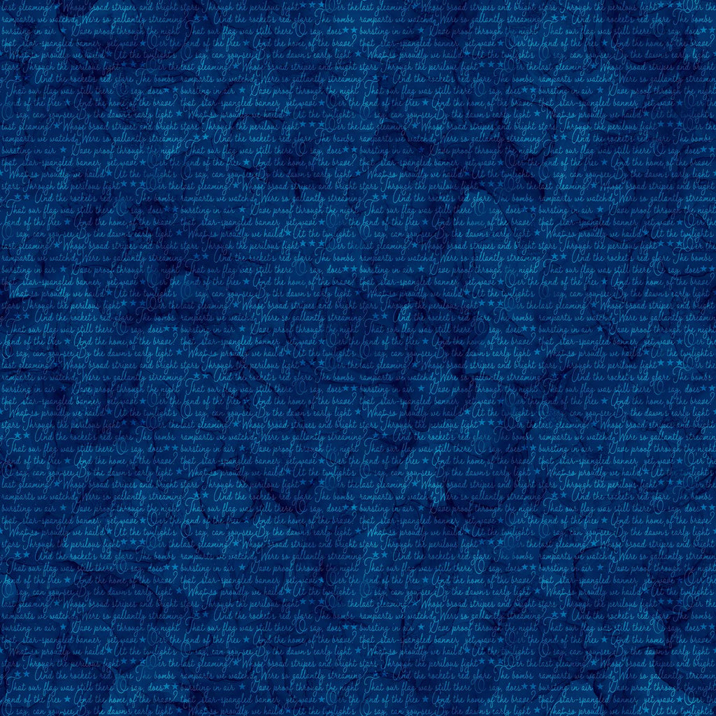 Cursive Lettering of the Star Spangled Banner on a Dark Blue, Mottled Background. Fabric