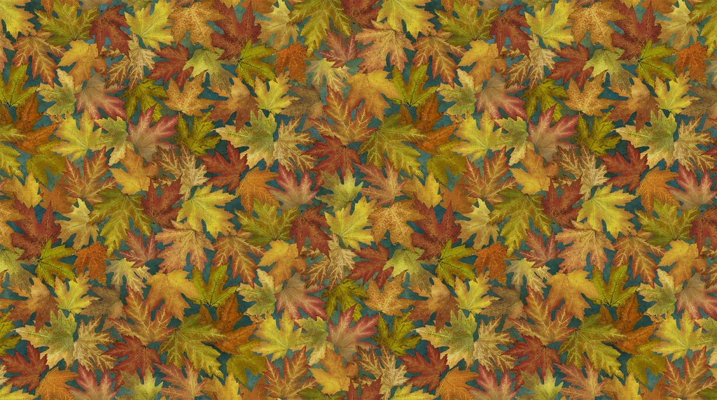 Rust, orange, and ochre maple leaves on a dark teal background. Fabric