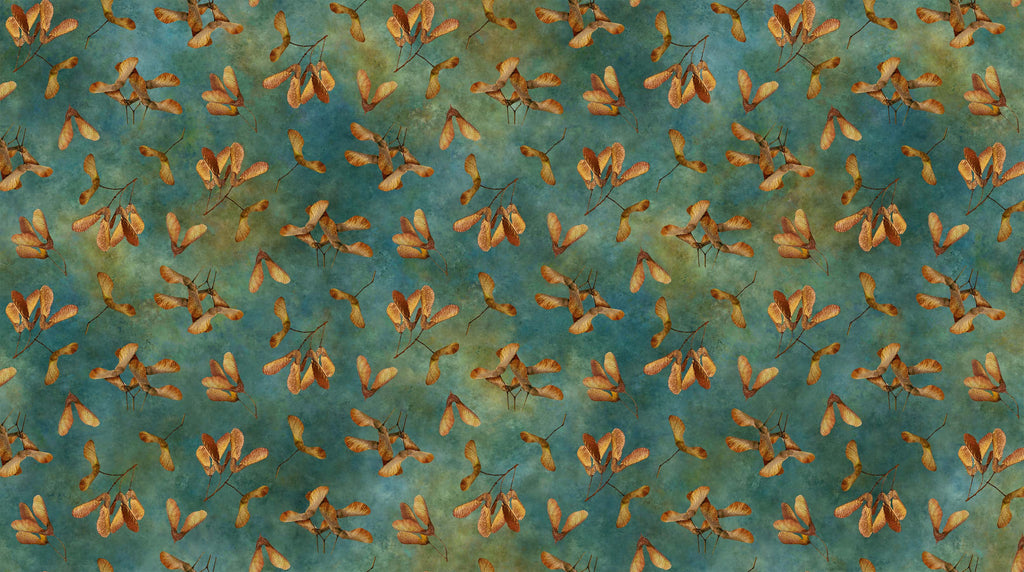 Ochre Maple Seeds on a Dark Teal and Green Mottled Background. Fabric