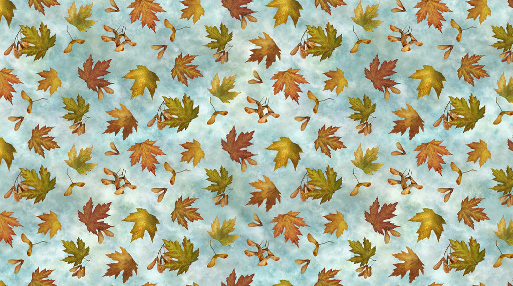 Falling Maple leaves and seeds on a mottled blue background. Fabric
