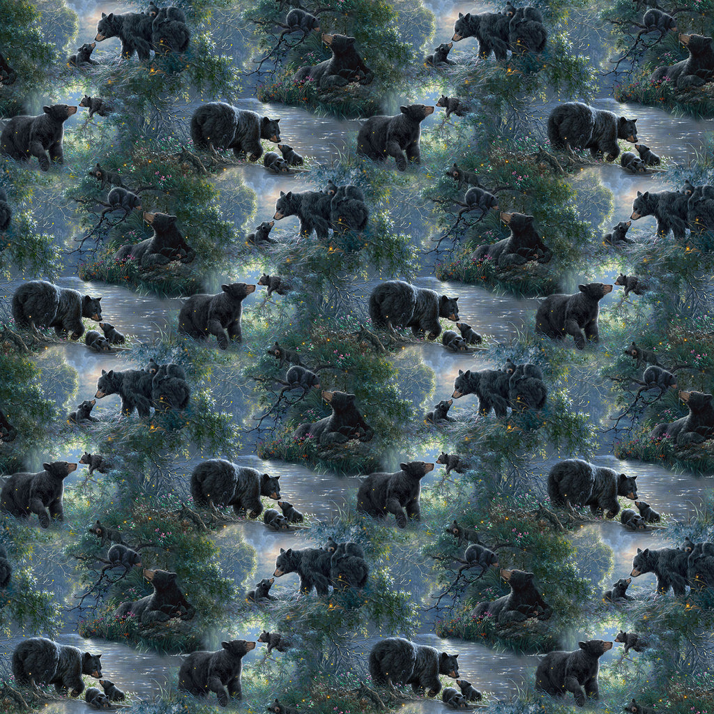 Naturescapes Moonlight Kisses by Abraham Hunter for Northcott Fabrics. Allover Bear Scene - Mother Bear and Cubs in a Dark Forest Repeating Pattern. 
