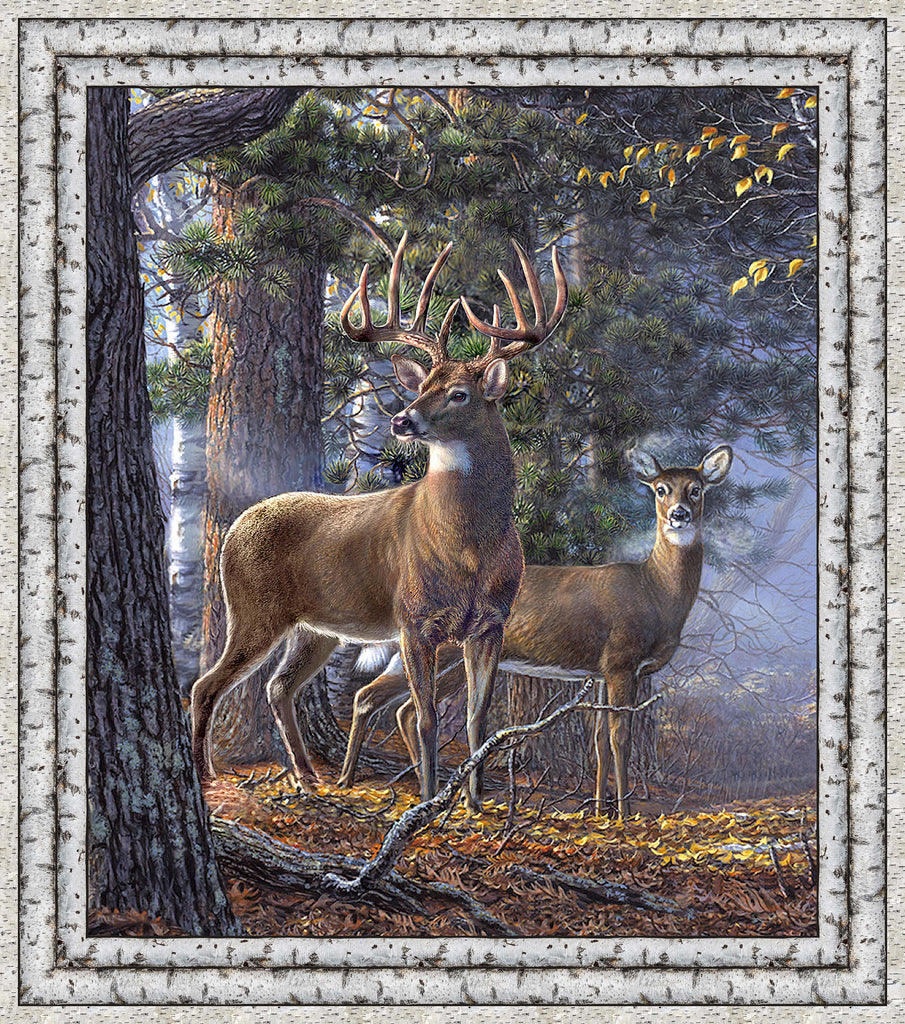 Fabric Panel - Depicts Two Deer Standing in the Woods in the Morning Light. Scene is Framed in a Birch Bark Frame. Measures approx. 43"x 38" 