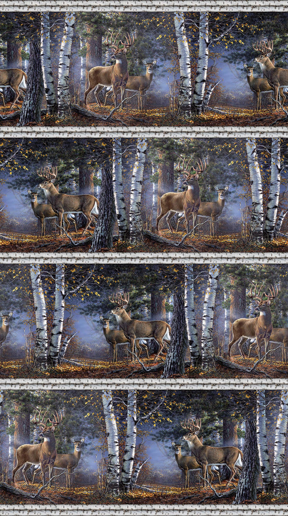 Deer Stripe Fabric - Running Yardage Stripe Depicting Scene of Deer Family in the Woods.  Fabric